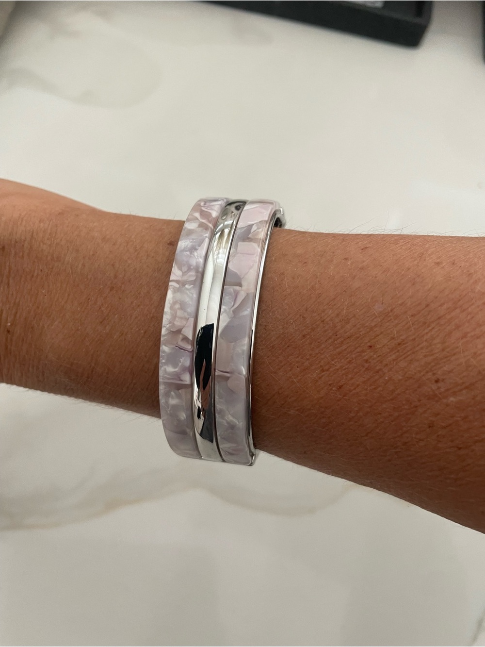 Silver-Tone Bracelet with Pale Pink Marbled Inlay - White House Black Market